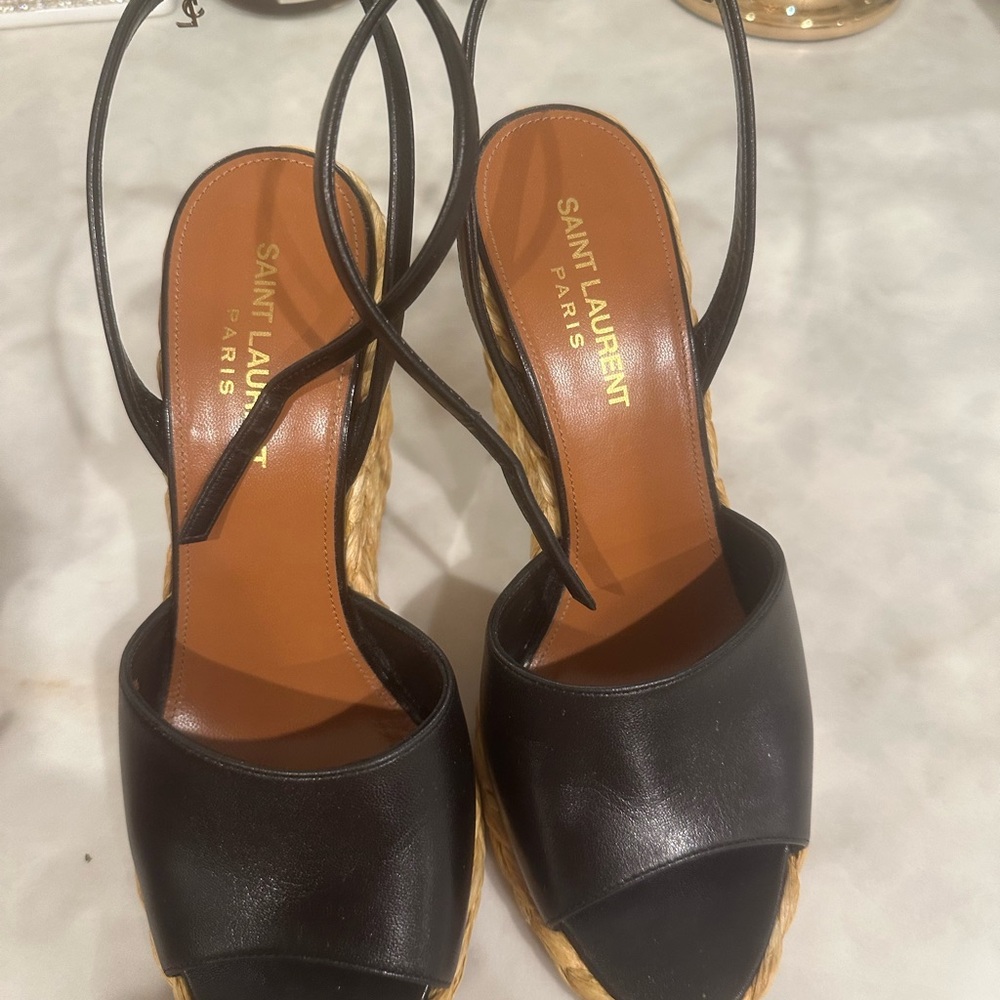 Saint Laurent Black and Tan Wedge Sandals